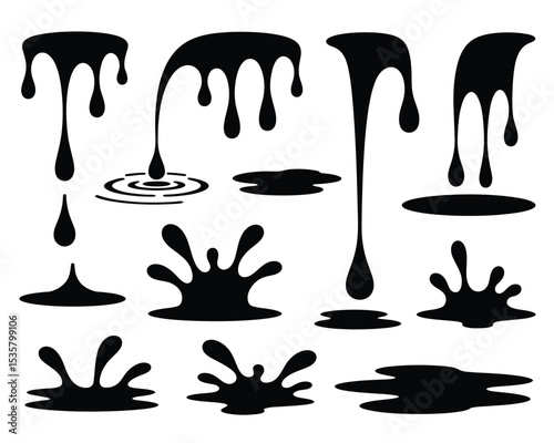 Dripping Liquid Vector Icon Set – Black Silhouette Blobs & Drips for Horror, Slime, and Grunge Effects