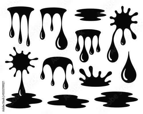 Dripping Liquid Vector Icon Set – Black Silhouette Blobs & Drips for Horror, Slime, and Grunge Effects