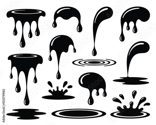 Dripping Liquid Vector Icon Set – Black Silhouette Blobs & Drips for Horror, Slime, and Grunge Effects