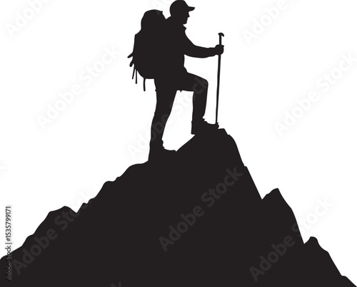 Triumphant black silhouette hiker on mountain peak for outdoor adventure