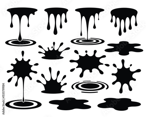 Dripping Liquid Vector Icon Set – Black Silhouette Blobs & Drips for Horror, Slime, and Grunge Effects
