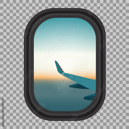 Scenic view of airplane wing through a window during flight, showing a peaceful sky and horizon in soft gradient colors.