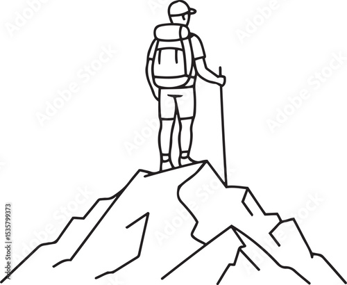 A simple line art illustration of a hiker standing atop a mountain peak.