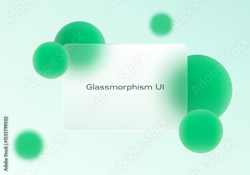 Glassmorphism panel with green floating spheres