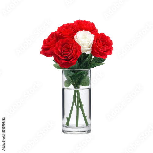 Bouquet of vibrant red roses with single white rose stands elegantly in clear glass vase filled with water, creating striking contrast and sense of romance