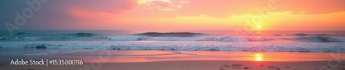 Soft pastel colors of an empty sandy beach at sunset, peaceful, paradise, tranquil