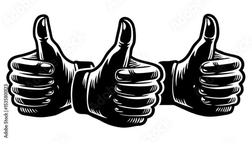 Illustration of three thumbs up hands in a monochrome vintage style conveying approval or positive affirmation.