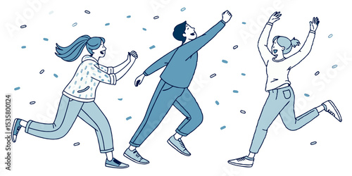 Joyful celebration vector illustration featuring three people in motion against a transparent background for versatile design applications