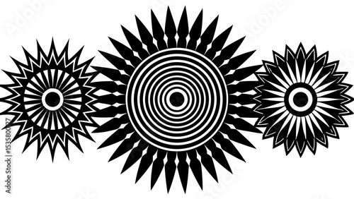 Abstract black and white floral mandala designs in a modern geometric style illustrating decorative artwork