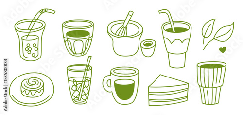Matcha green tea, vector logo design template and graphic elements for advertising, branding, posters,  banners and prints, illustrations, brunch cafe , bakery and coffee shops concepts