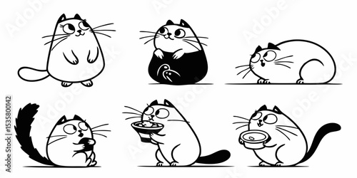 Adorable illustrated cats in various poses on a white background demonstrating playfulness and charm for diverse design projects.