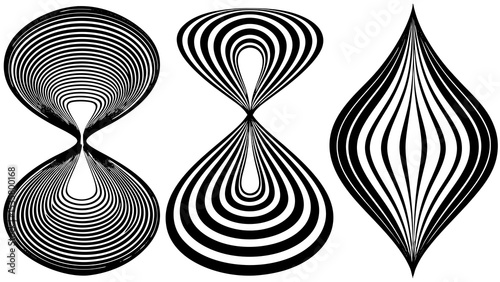 Abstract black and white graphic elements featuring dynamic curved lines creating optical illusion art patterns with a modern aesthetic