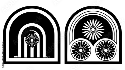 Modernist black and white archway designs with geometric floral motifs suitable for decorative pattern or design applications