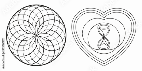 Geometric mandala design composed of interwoven lines and an hourglass within a heart shape offering timeless style