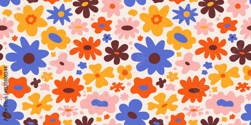 Vector seamless pattern in simple floral wavy and groovy naive style, flowers and plants, floral botanic hand drawn design templates, modern art prints, surface design