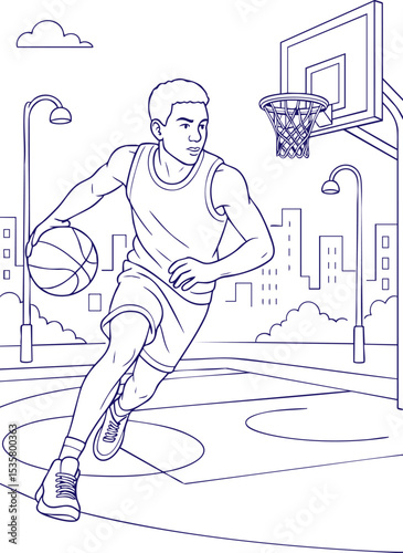 Male basketball player dribbling on outdoor city court line art