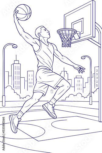 Male basketball player dunking on outdoor court line art
