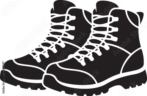 A simple, black and white silhouette of hiking boots pair