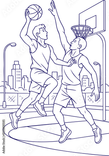 Two men playing basketball on outdoor court line art