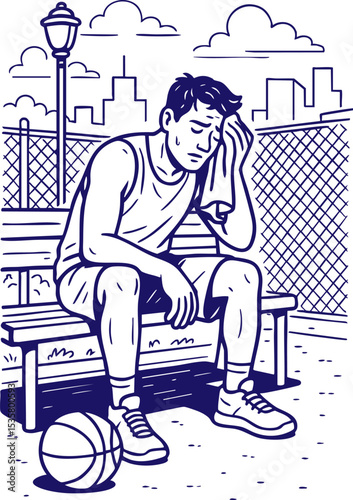 Tired basketball player resting on bench in urban court line art