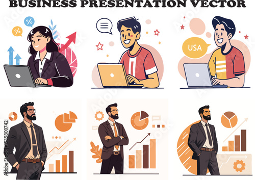 A collection of illustrated business professionals working with laptops and presenting financial data