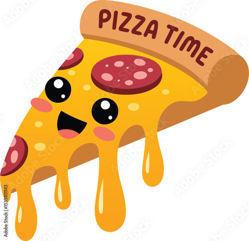 Fun Cartoon Pizza Slice Illustration with Melting Cheese and "Pizza Time" Text.