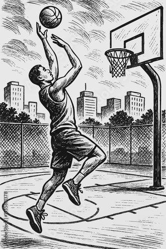 Man shooting basketball on urban court black and white sketch