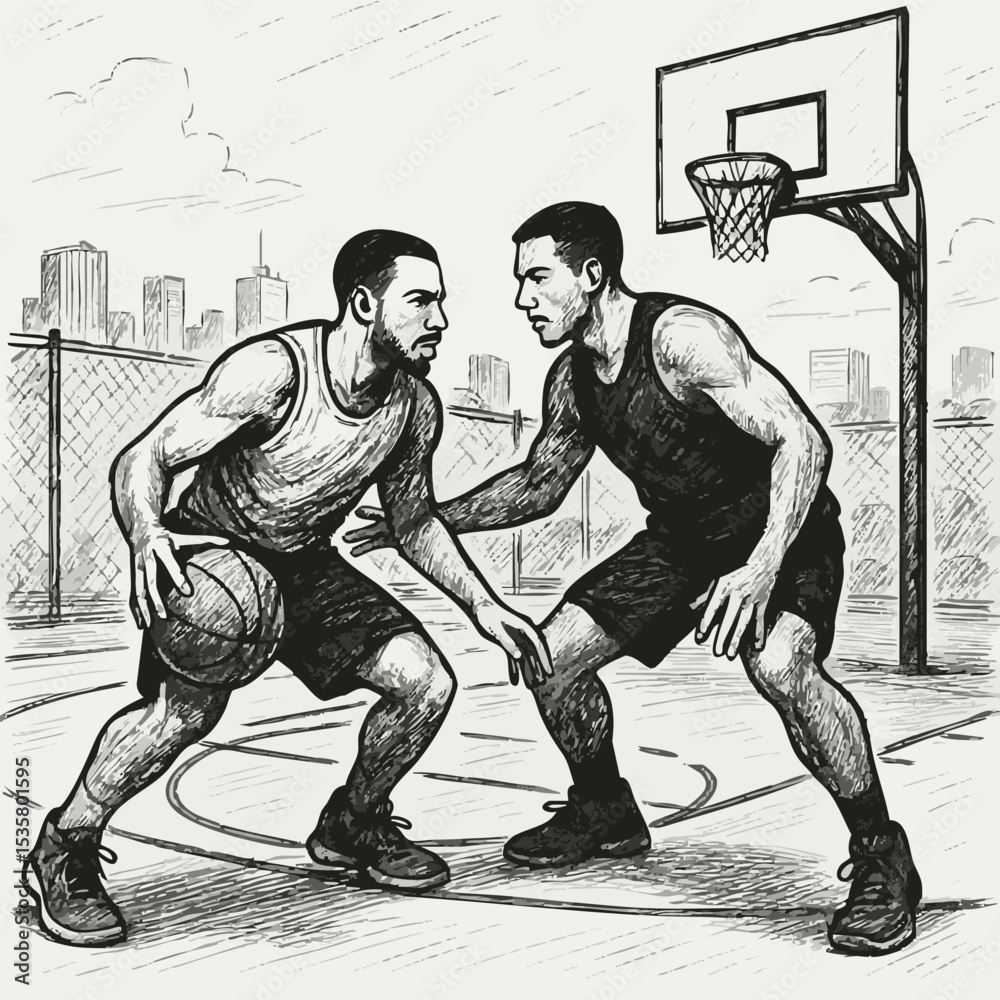 Fototapeta premium Two men playing intense basketball game on urban court sketch