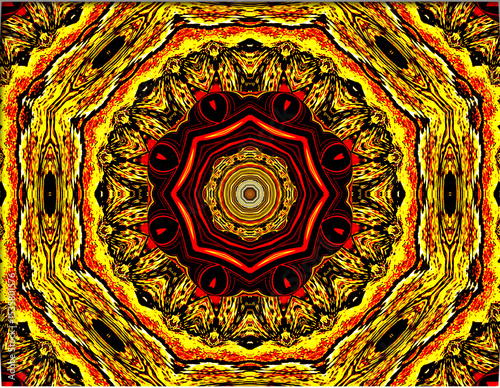 A vibrant kaleidoscope design features intricate geometric patterns radiating from the center, dominated by bold yellows and reds. Lively symmetrical arrangements create a sense of movement 