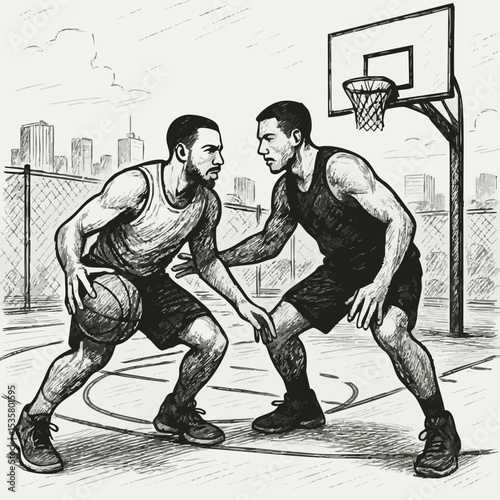 Two men playing intense basketball game on urban court sketch