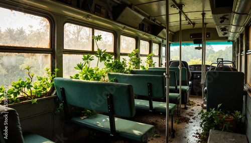 Abandoned bus interior overgrown with plants in natural environment  