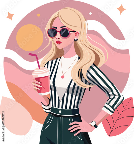 Stylish blonde woman in striped shirt holding a drink