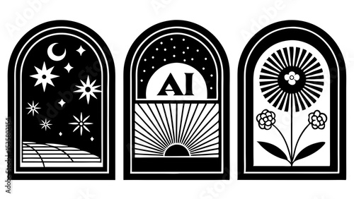 Abstract black and white illustrations featuring starry skies, sunrise symbolism, and floral designs in archway frames