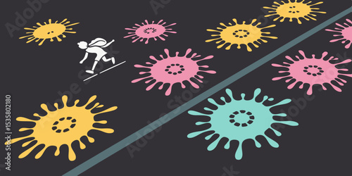 A stylized illustration depicting a person on a board avoiding abstract splashes of color with a transparent background