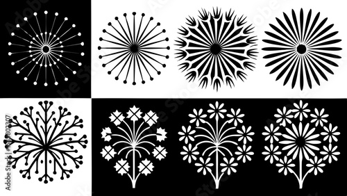 Elegant black and white floral pattern designs showcasing diverse botanical vector elements suitable for decorative applications