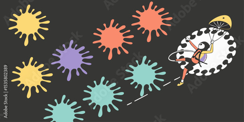 Illustration of a skydiver with colorful splatters on a white background is suitable for various creative projects