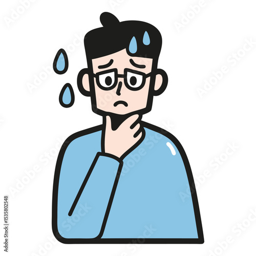 Animated worried man in glasses checks his throat, sweats, on white background