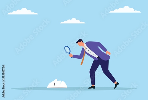 Vector illustration of a businessman closely inspecting a scam mask with a magnifying glass, symbolizing due diligence, fraud detection, and uncovering hidden deceit in business
