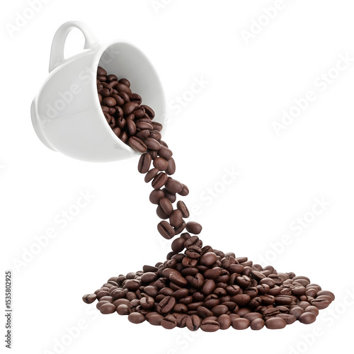 Aromatic Coffee Beans Spilling from a White Cup onto a transparent background A perfect blend of rich brown hues and crisp white