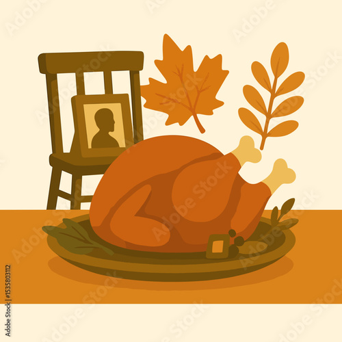 Thanksgiving dinner concept with turkey and autumn leaves on table  