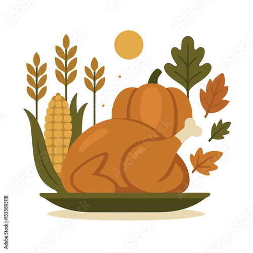 Autumn harvest with turkey, pumpkin, corn, and leaves for Thanksgiving day  