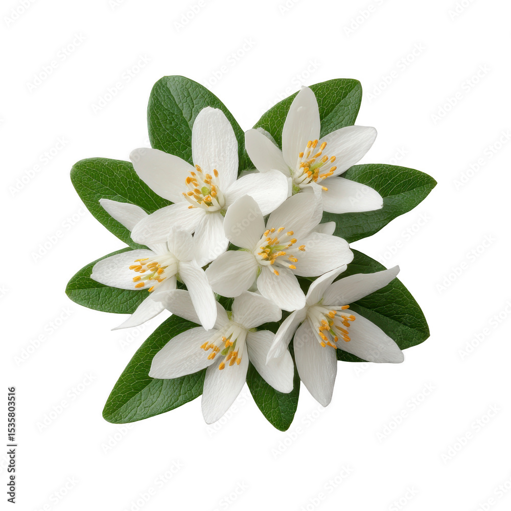 Fototapeta premium Cluster of delicate white flowers with yellow stamens is surrounded by lush green leaves, creating fresh and natural arrangement. petals are soft and pure, evoking sense of tranquility