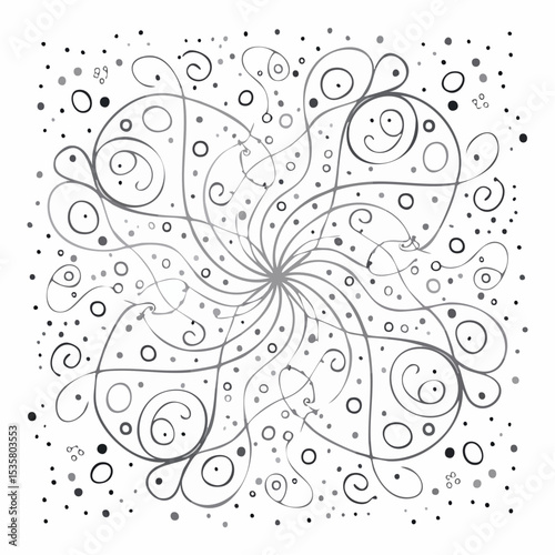 Intricate grayscale abstract floral design with spiral center and whimsical decorative elements