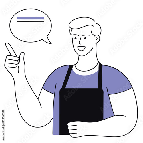 Cheerful caucasian man wearing apron points upward to a speech bubble above