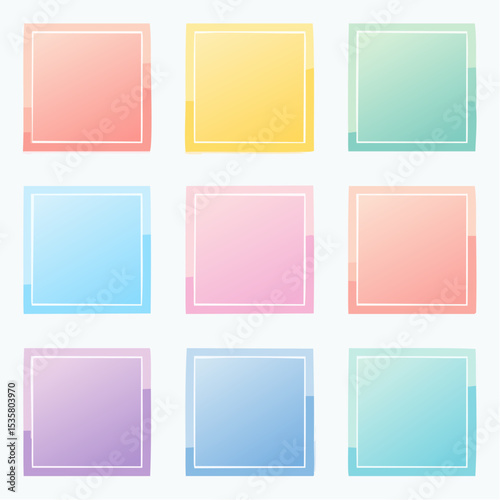 Nine colorful square gradient backgrounds with white borders arranged in a grid pattern.