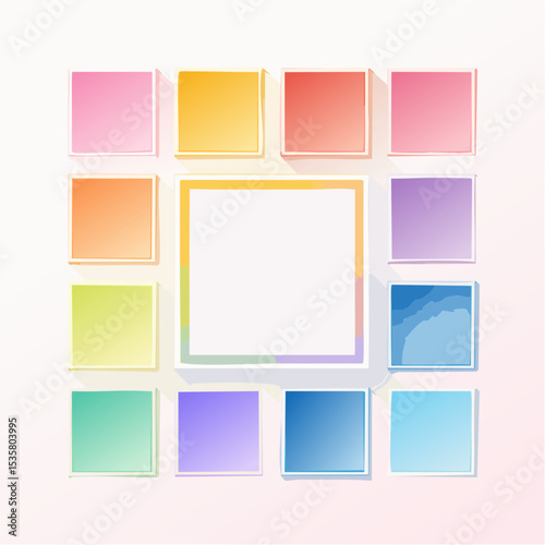 Colorful gradient square boxes arranged in a grid on a soft pastel pink background