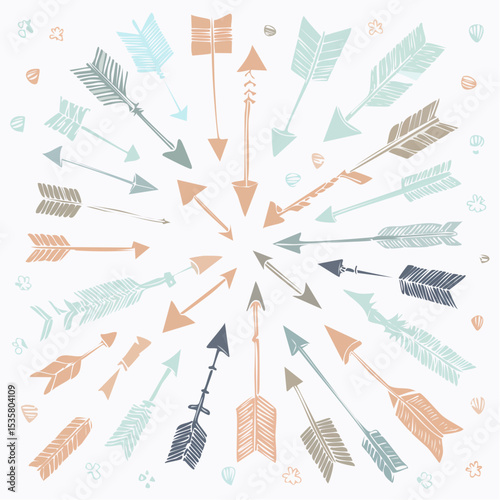 An abstract illustration featuring a collection of colorful tribal arrows pointing outwards