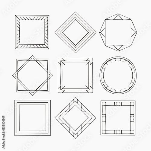 Nine different hand-drawn geometric frames in a vector illustration on a white background