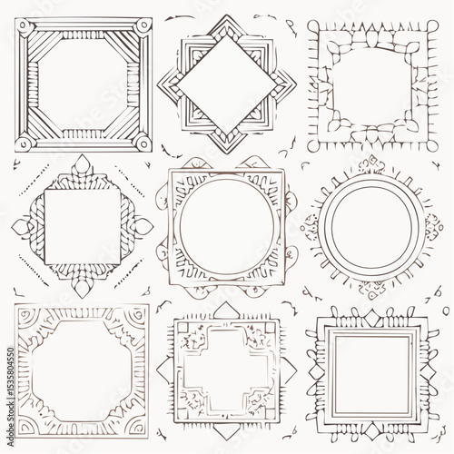 Collection of nine decorative frames in a hand-drawn line art style on a light background