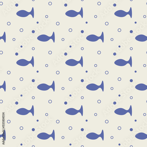 Marine seamless pattern with abstract little fish on beige background. Sea blue vector ornament in doodle style.